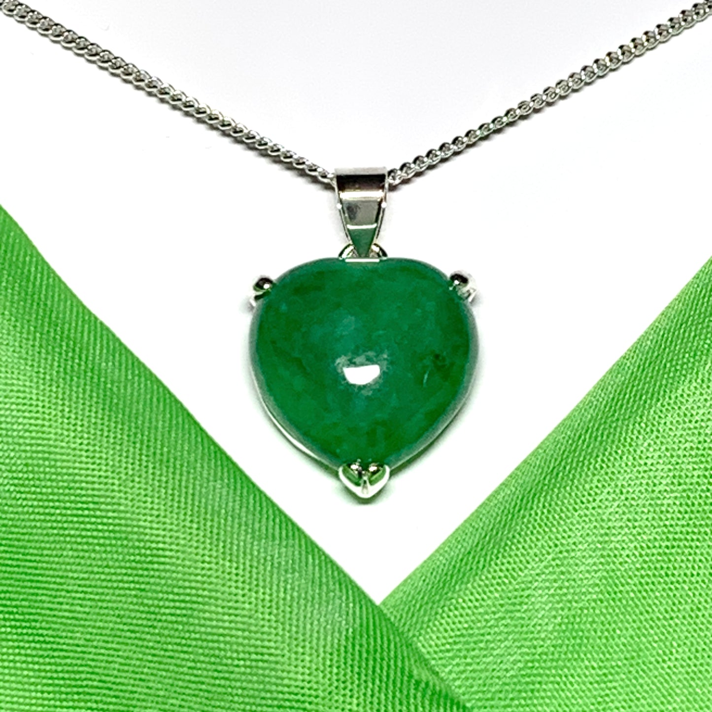 Silver Green Jade Necklace Heart Shaped