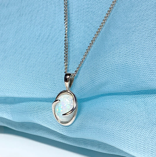 Sterling Silver Opal Oval Necklace With Swirl Edging