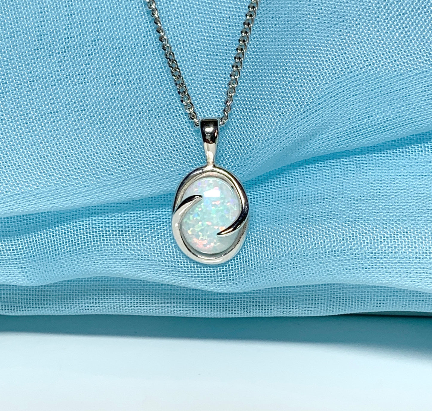Sterling Silver Opal Oval Necklace With Swirl Edging