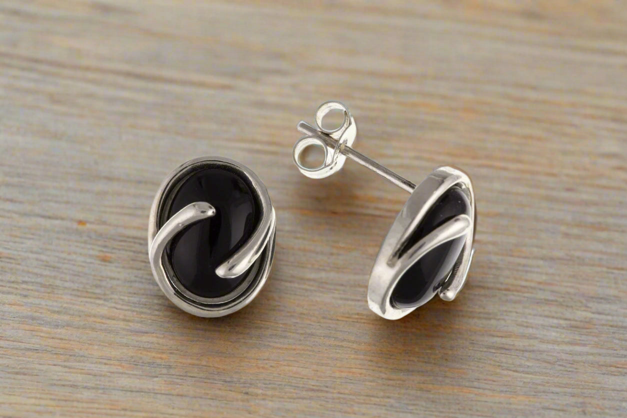 Sterling Silver Oval Black Onyx Swirl Stud Earrings