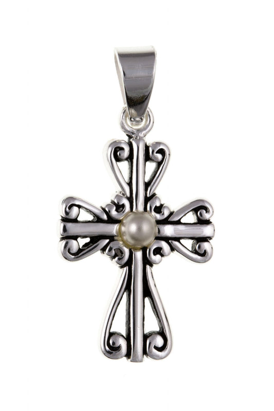 Sterling Silver Pearl Set Fancy Cross Including Chain