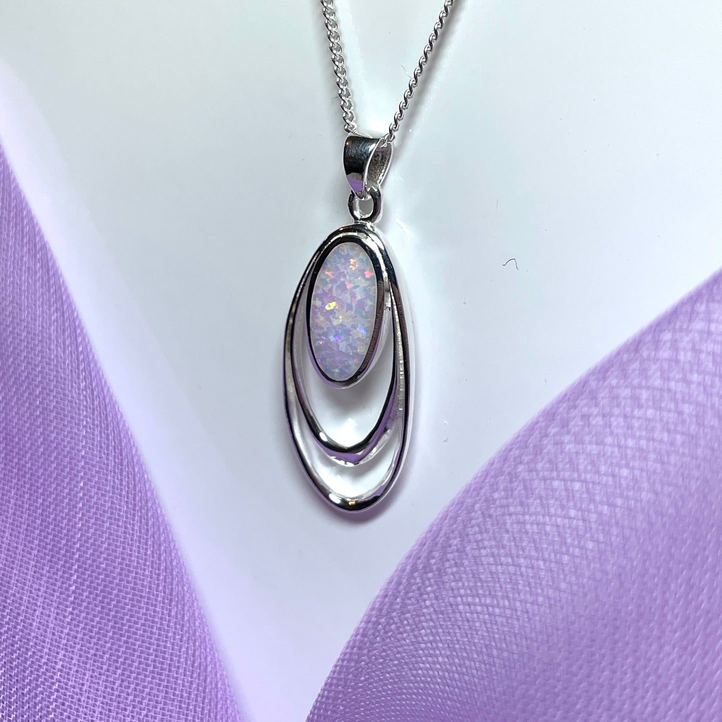Sterling Silver Pierced Double Oval Opal Necklace