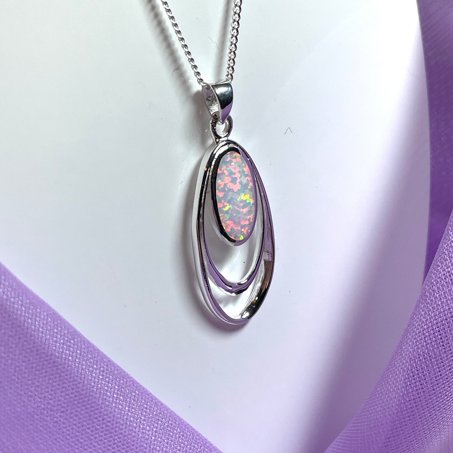 Sterling Silver Pierced Double Oval Opal Necklace