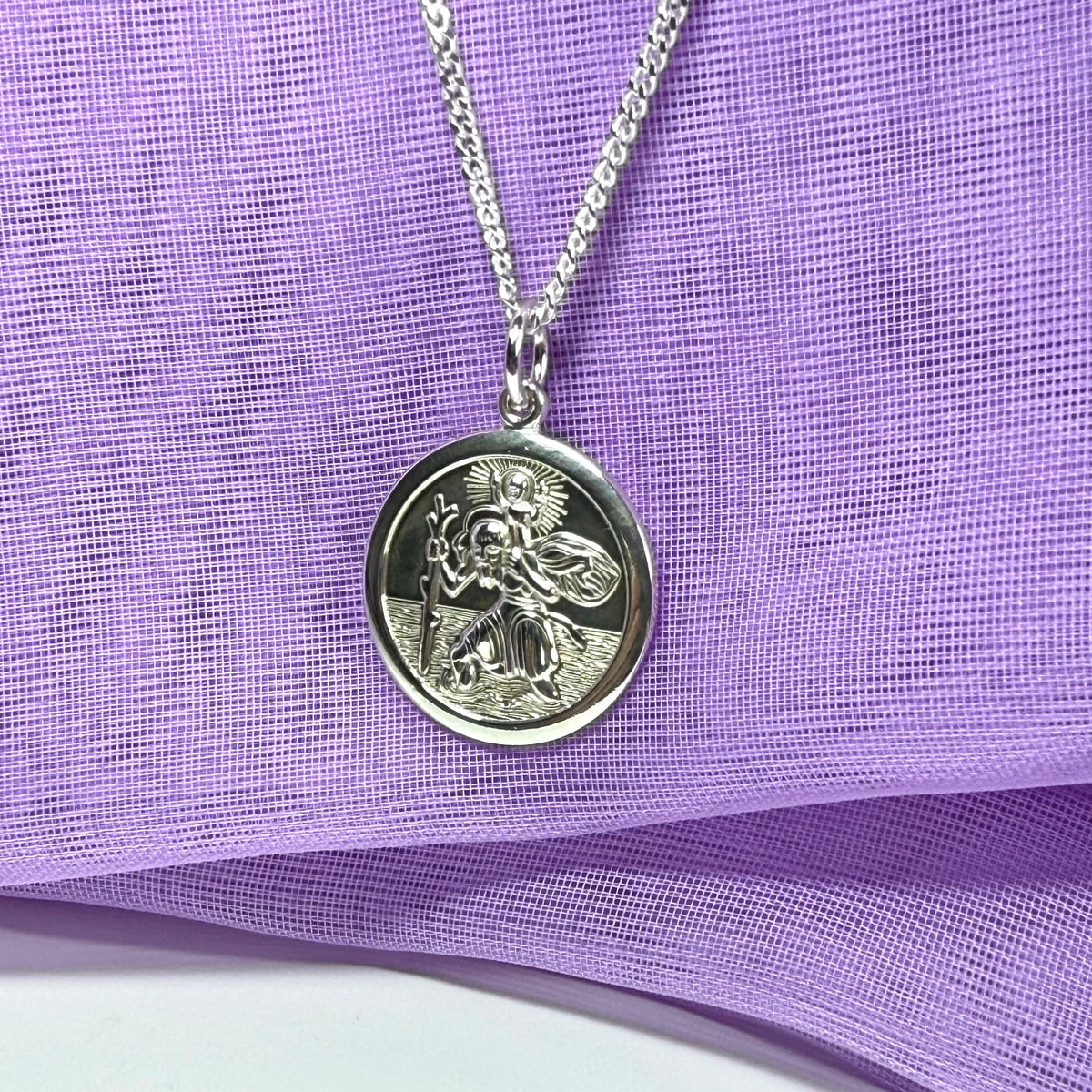 Sterling Silver Double Sided St. Christopher Including Chain 17 mm