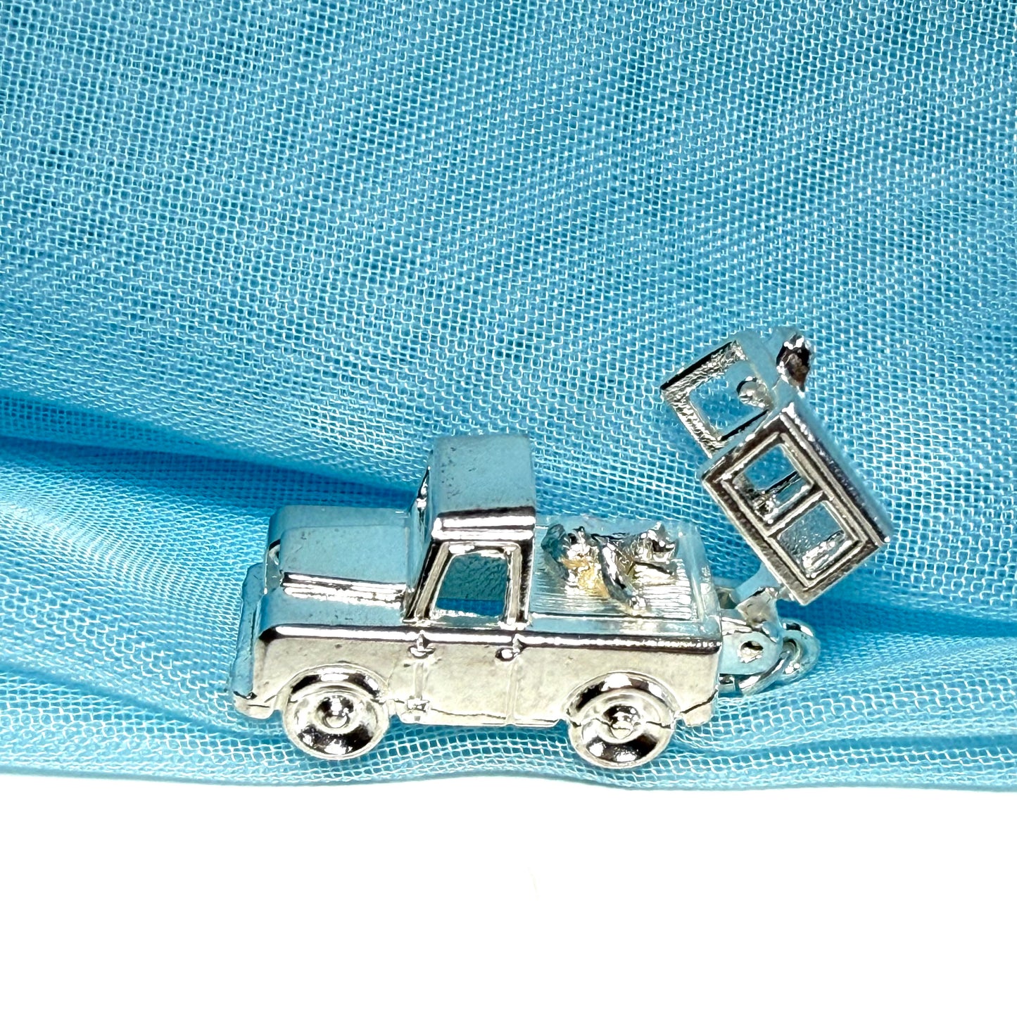 Sterling Silver Land Rover Solid Charm open with dogs in the back