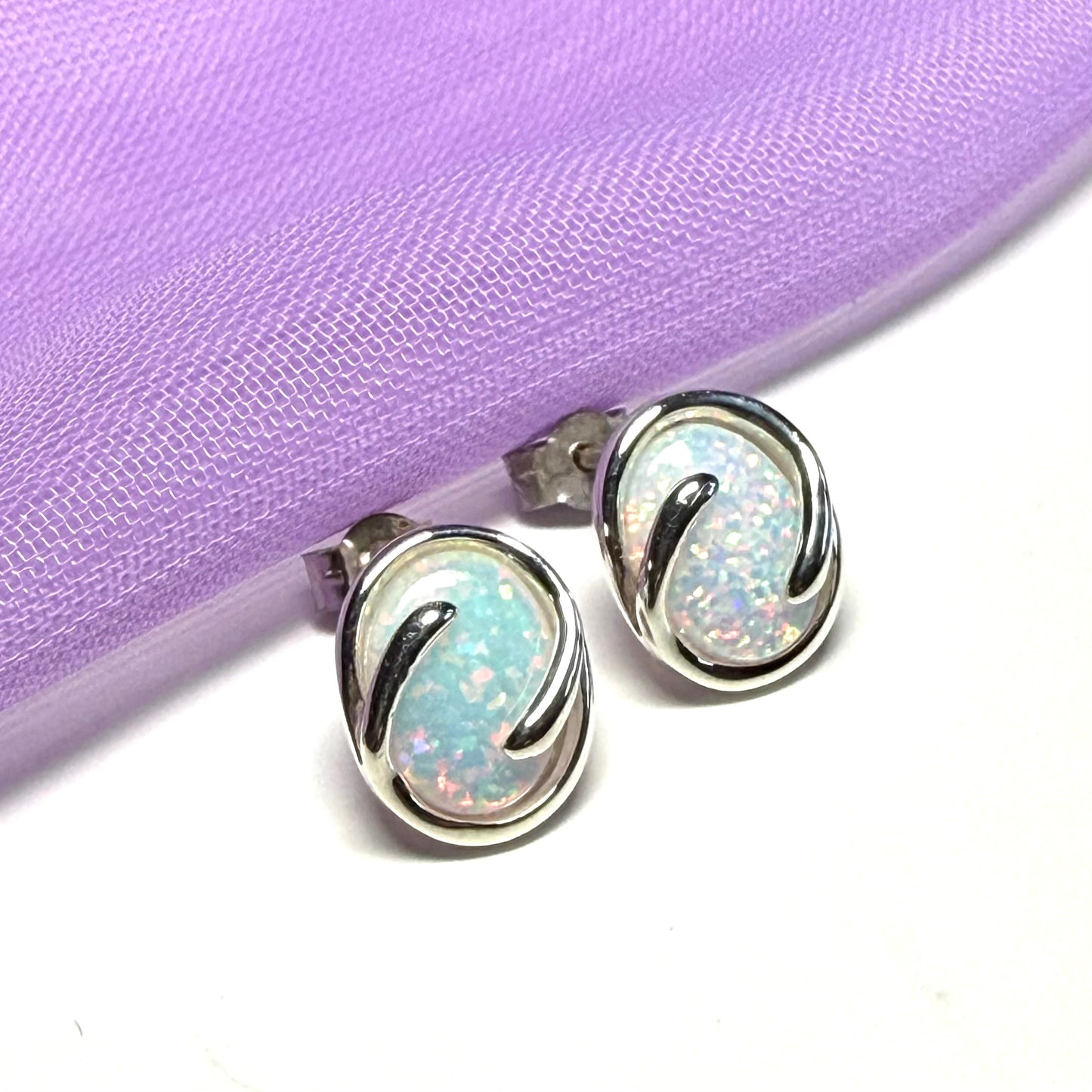 Sterling Silver Oval Fancy Opal Swirl Stud Earrings