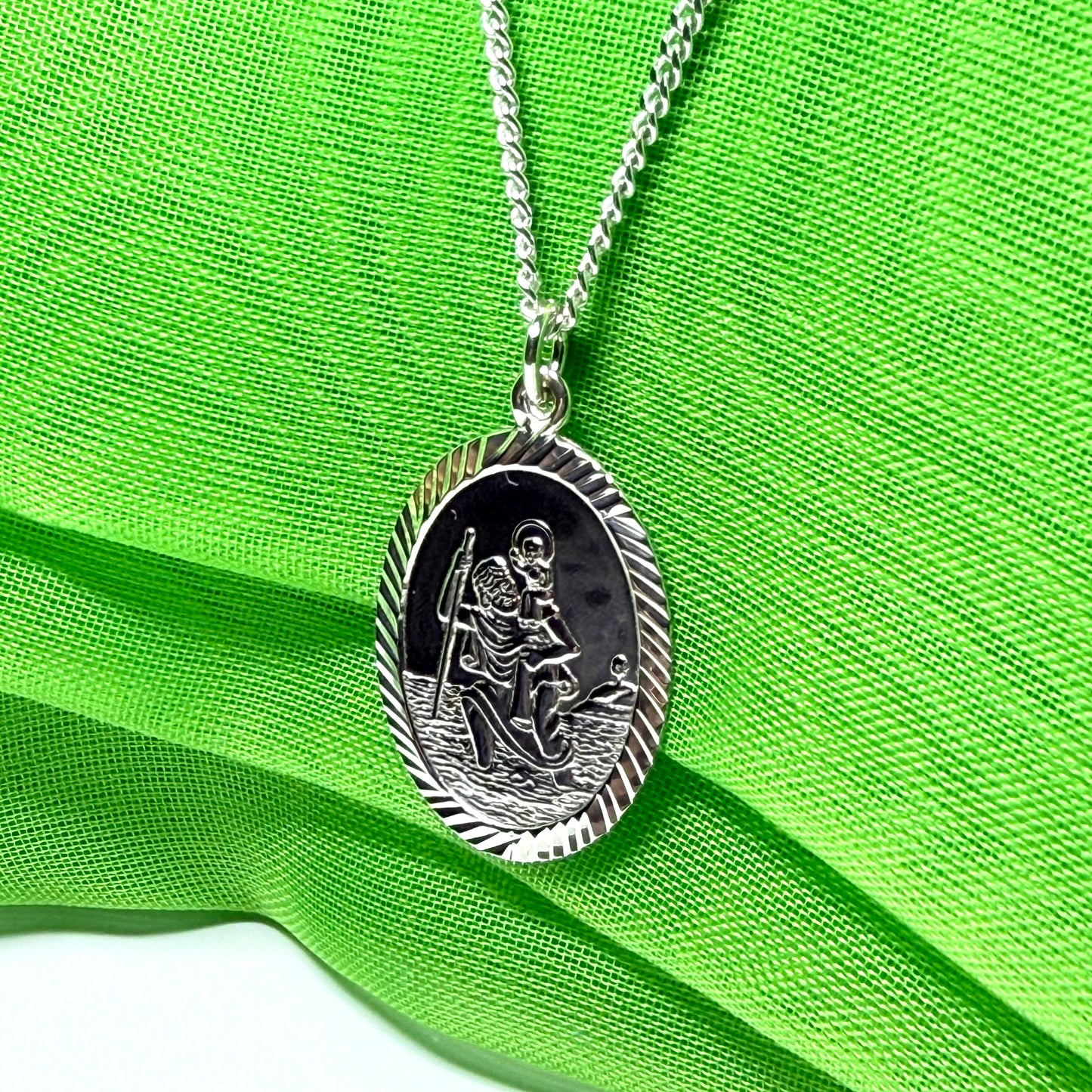 Sterling Silver Oval St. Christopher Including Chain Diamond Cut Edges