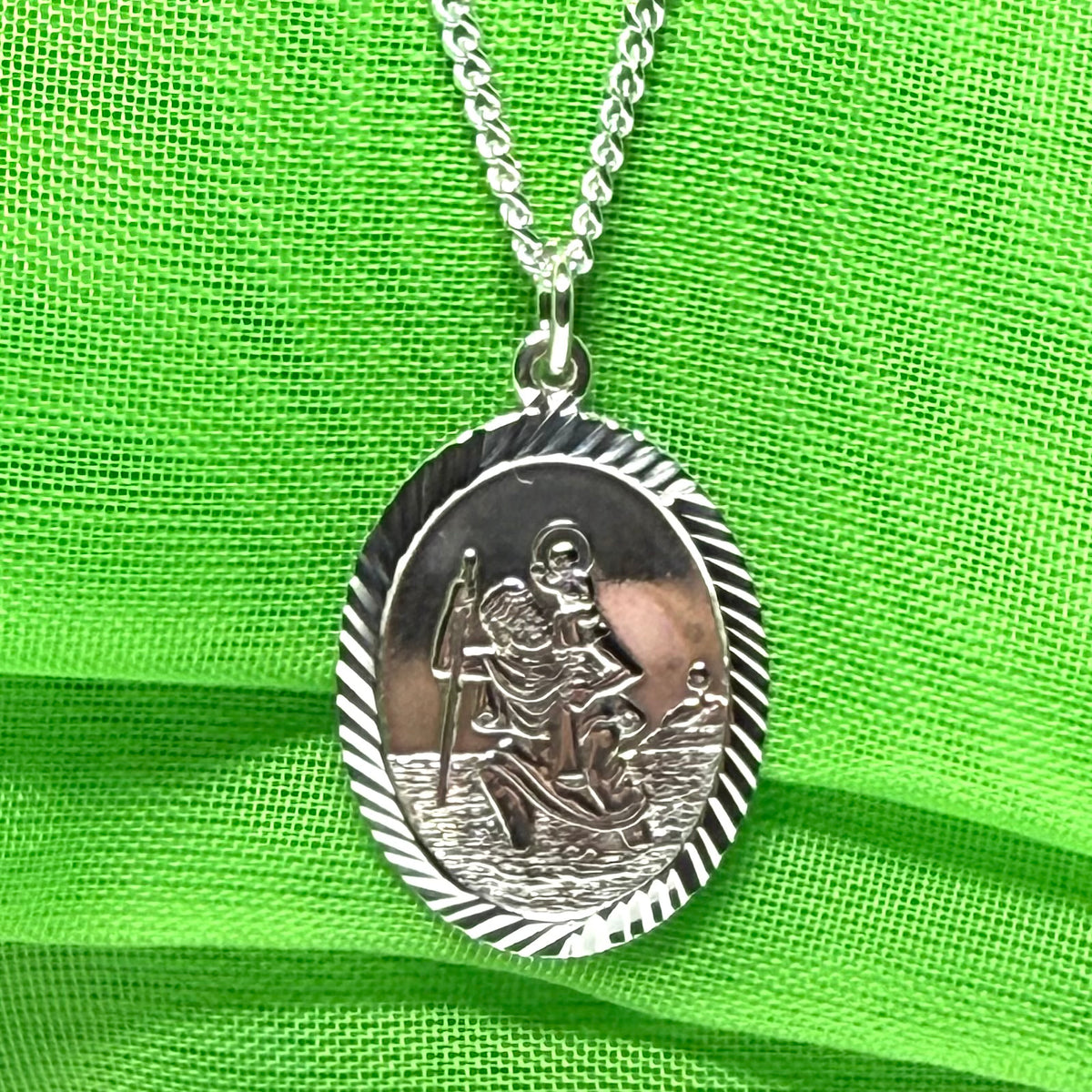 Sterling Silver Oval St. Christopher Including Chain Diamond Cut Edges