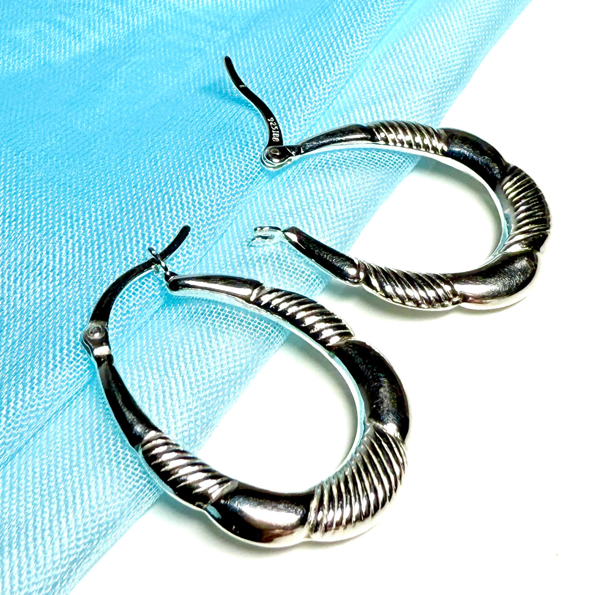 Sterling Silver Patterned Oval Hoop Creole Earrings