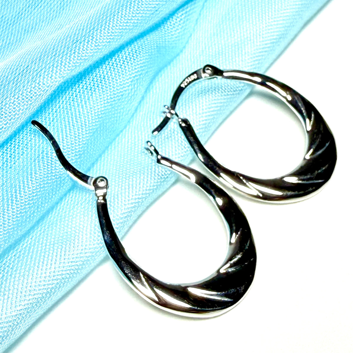Sterling Silver Patterned Oval Hoop Creole Earrings 25 x 18 mm