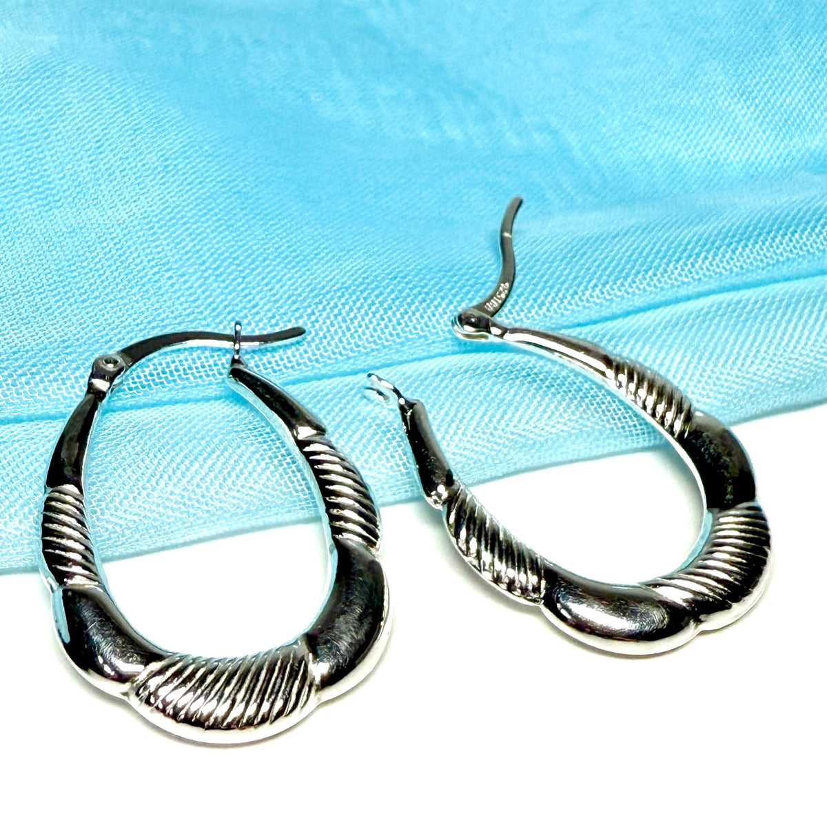 Sterling Silver Patterned Oval Hoop Creole Earrings
