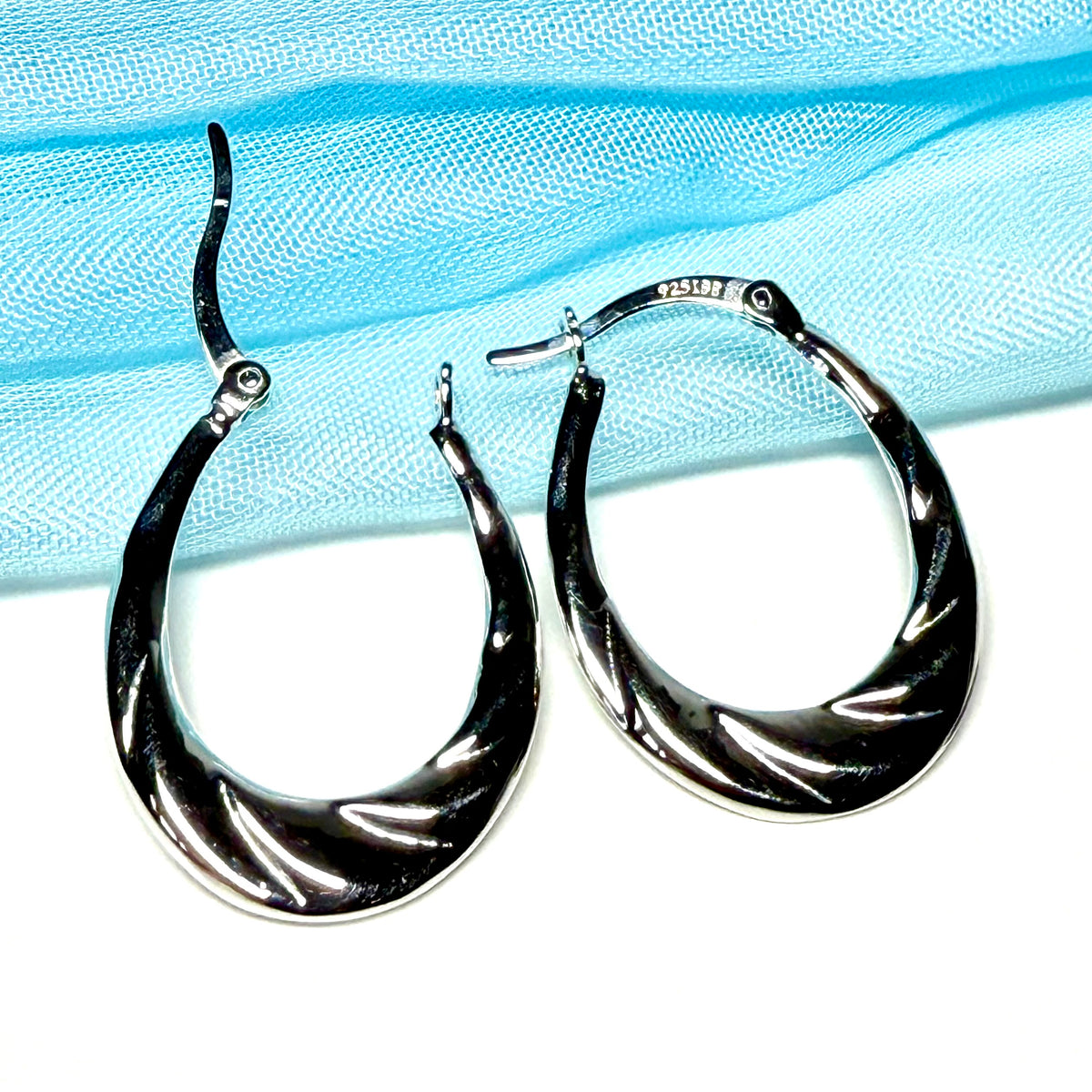 Sterling Silver Patterned Oval Hoop Creole Earrings 25 x 18 mm