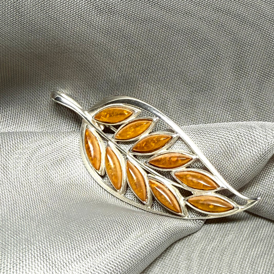 Sterling Silver Real Amber Leaf Brooch