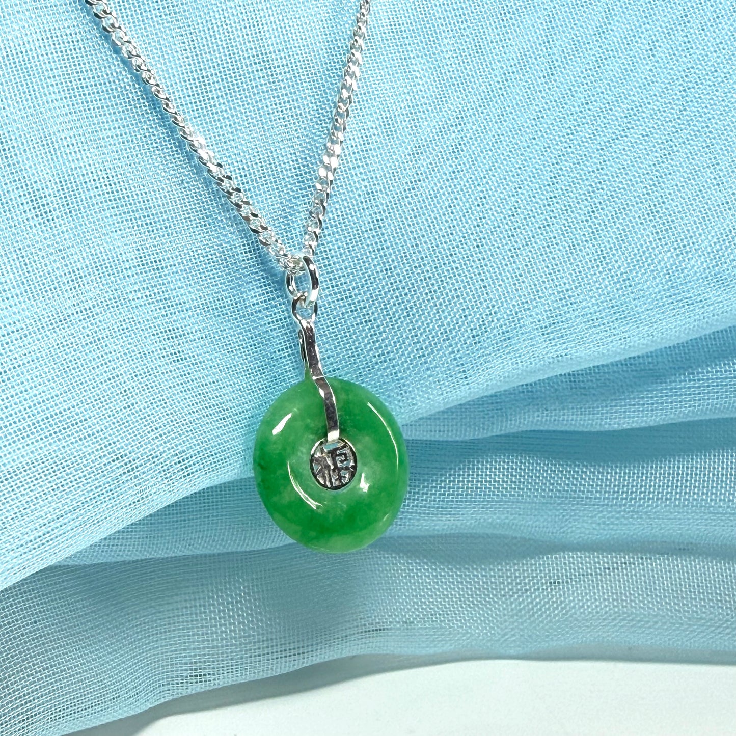 Sterling Silver Round Green Jade Necklace