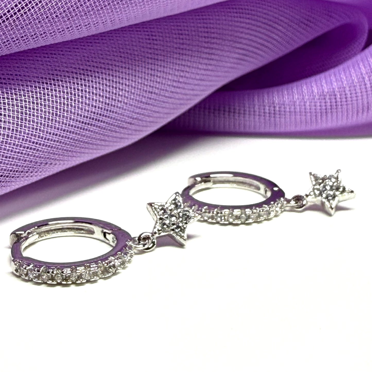 Sterling Silver Round Hoop Earrings With Stars 12 mm