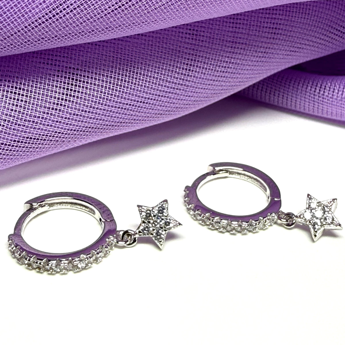 Sterling Silver Round Hoop Earrings With Stars 12 mm