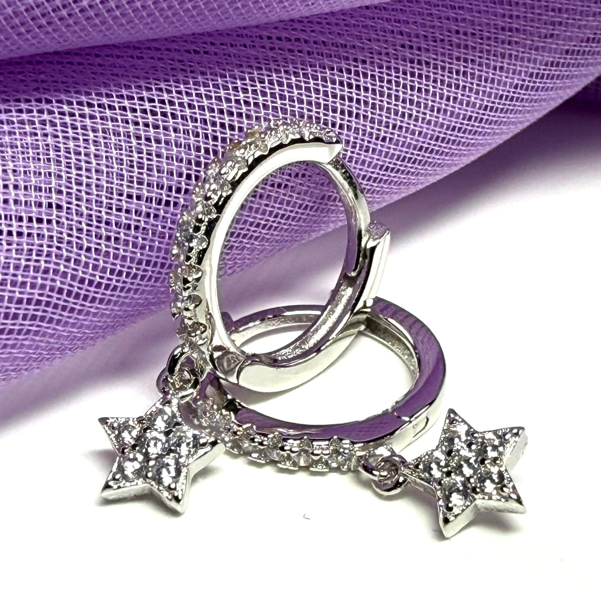 Sterling Silver Round Hoop Earrings With Stars 12 mm