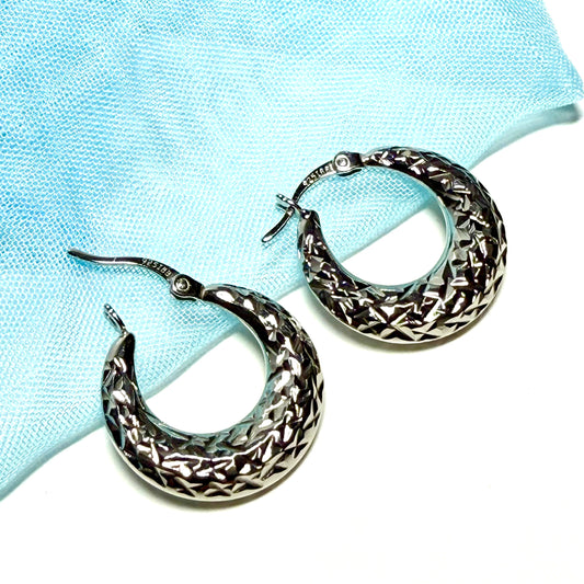 Sterling Silver Round Patterned Hoop Earrings