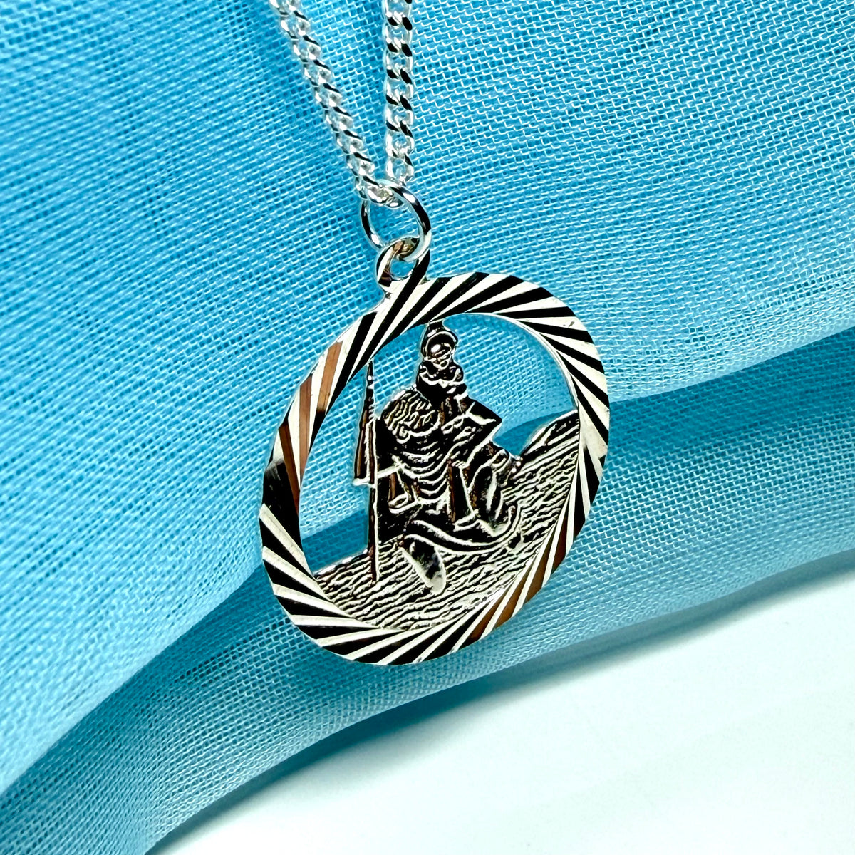 Sterling Silver Round Pierced St. Christopher Including Chain
