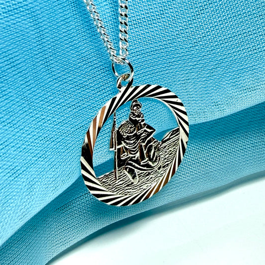 Sterling Silver Round Pierced St. Christopher Including Chain