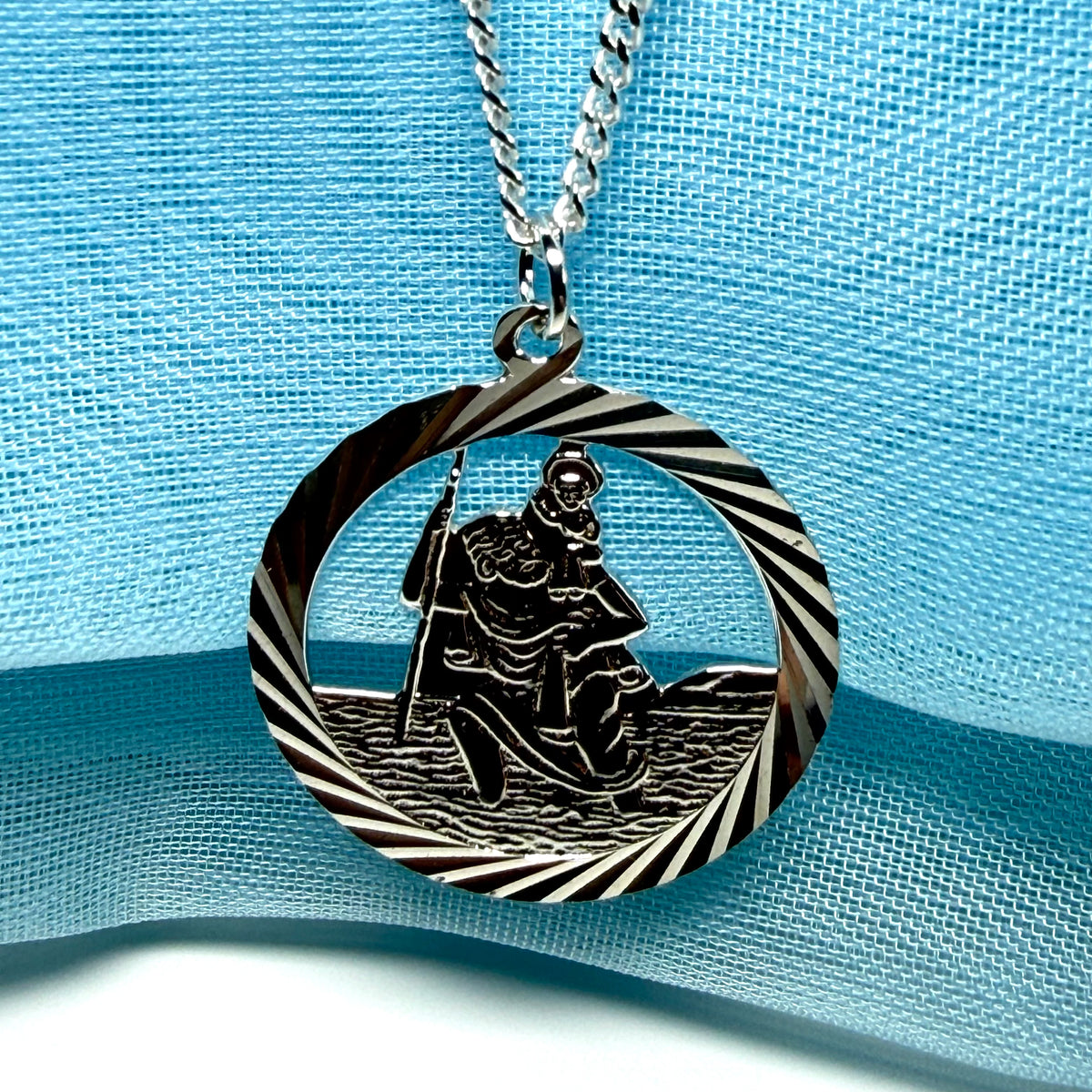 Sterling Silver Round Pierced St. Christopher Including Chain