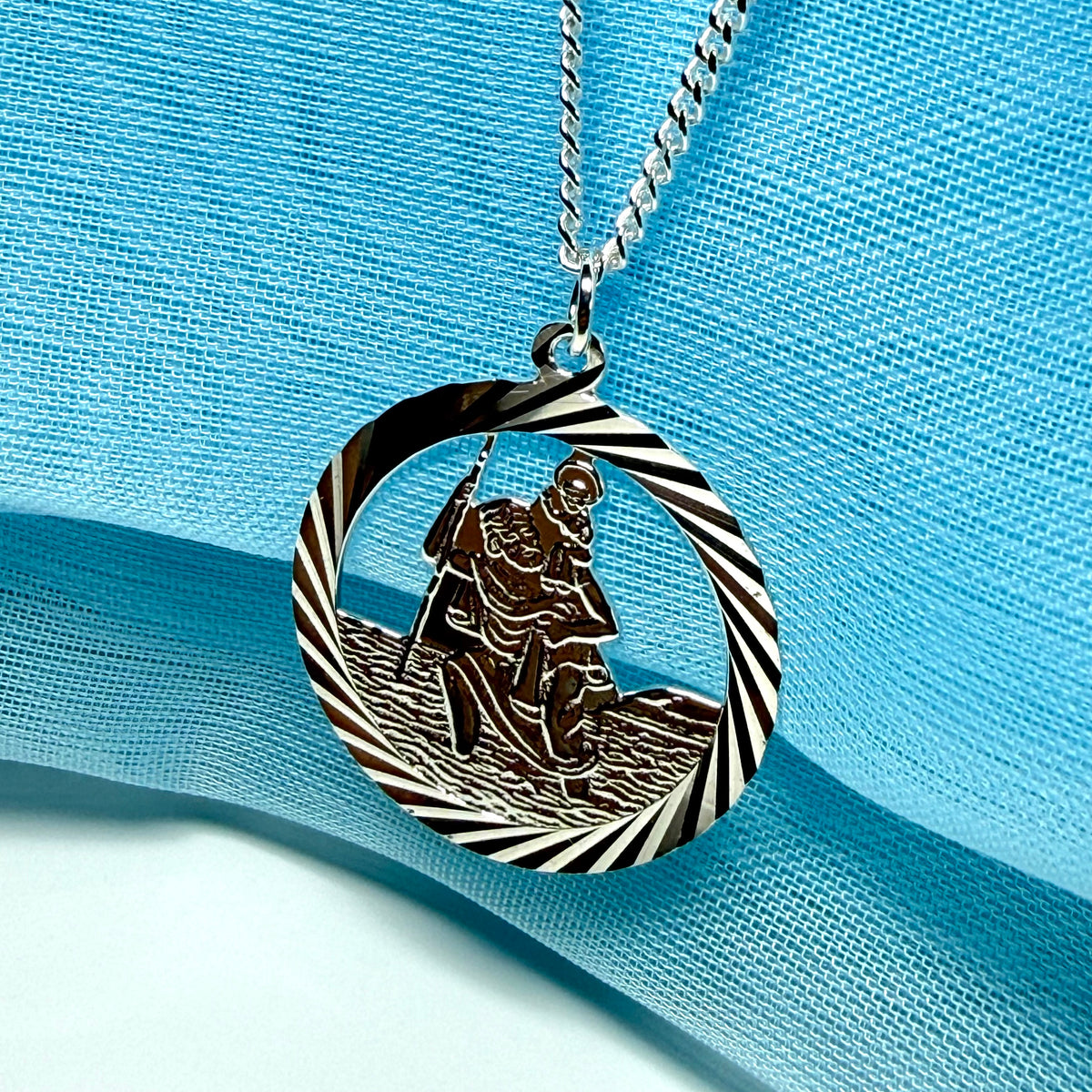 Sterling Silver Round Pierced St. Christopher with Chain