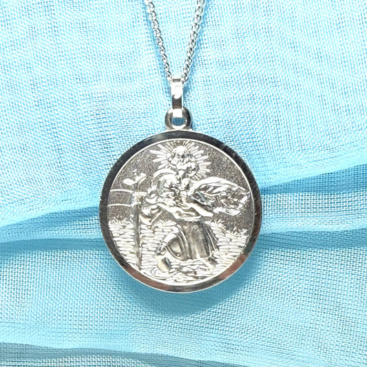 Sterling Silver Solid Large Double Sided St. Christopher Including Chain 24 mm