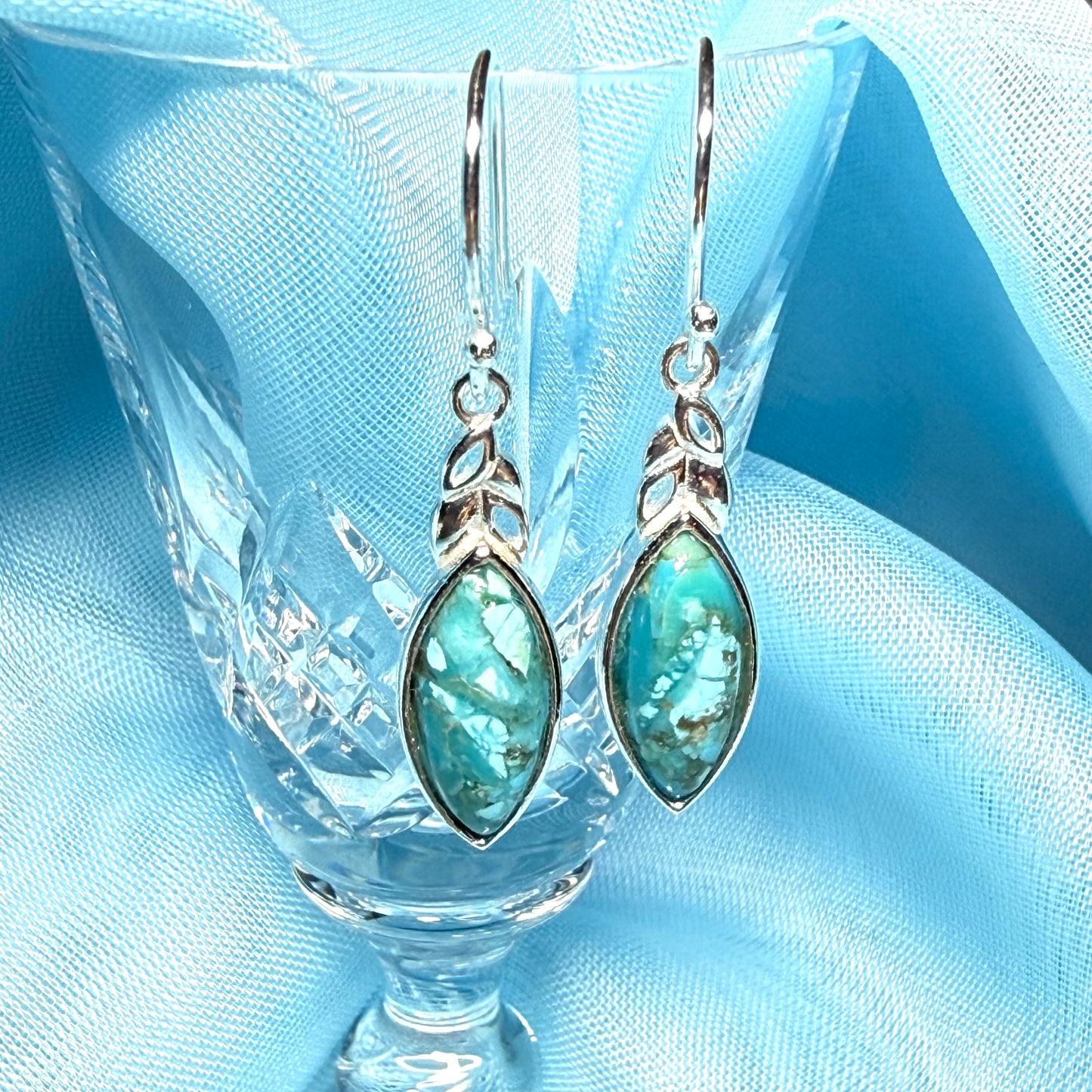 Sterling Silver Turquoise Marquise Cut Drop Earrings