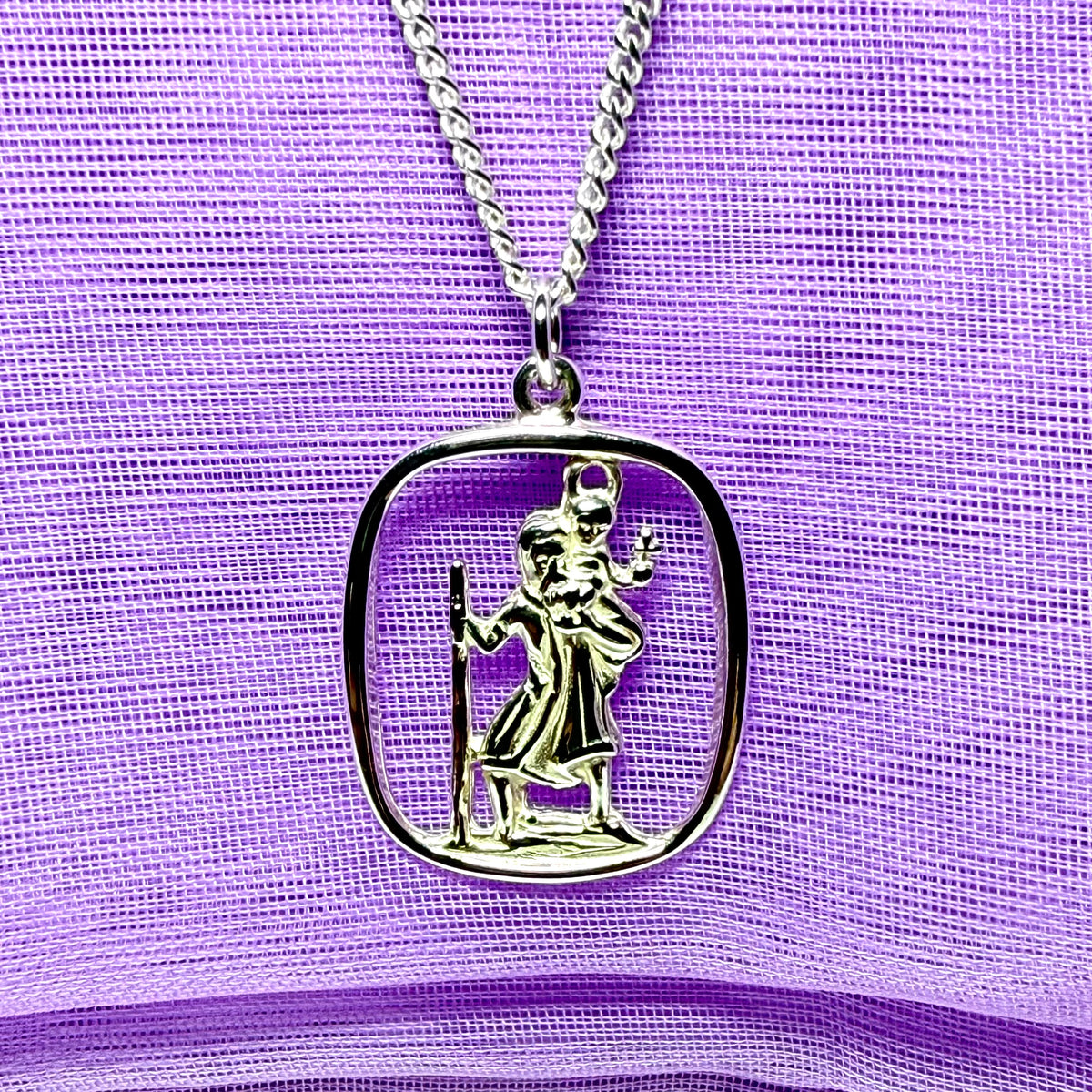 Sterling Silver cushion Shaped St. Christopher Including Chain