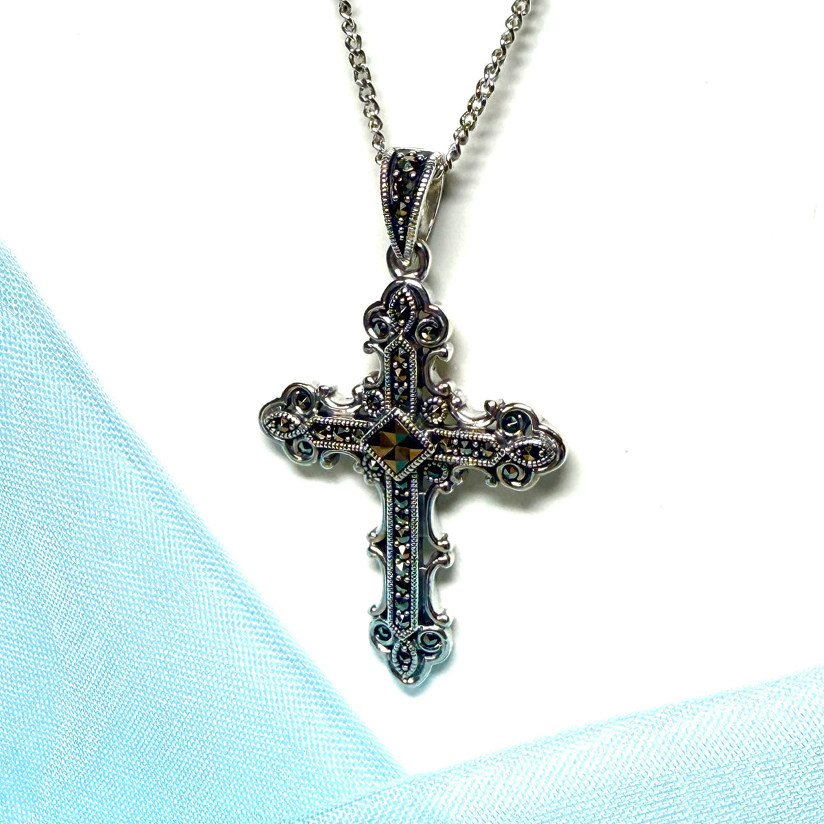 Large real marcasite cross and chain sterling silver