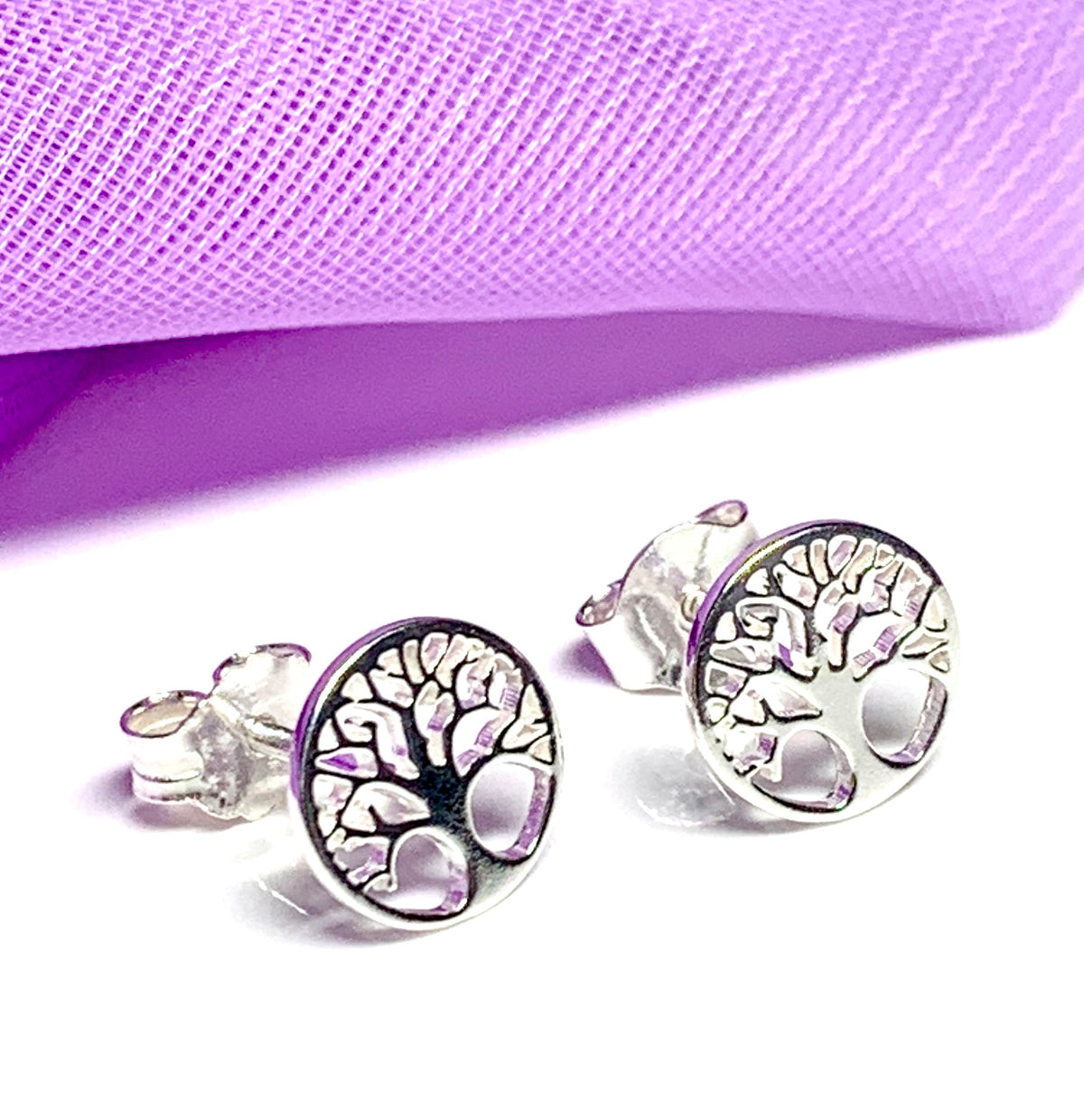 Sterling silver Tree of Life round stud earrings