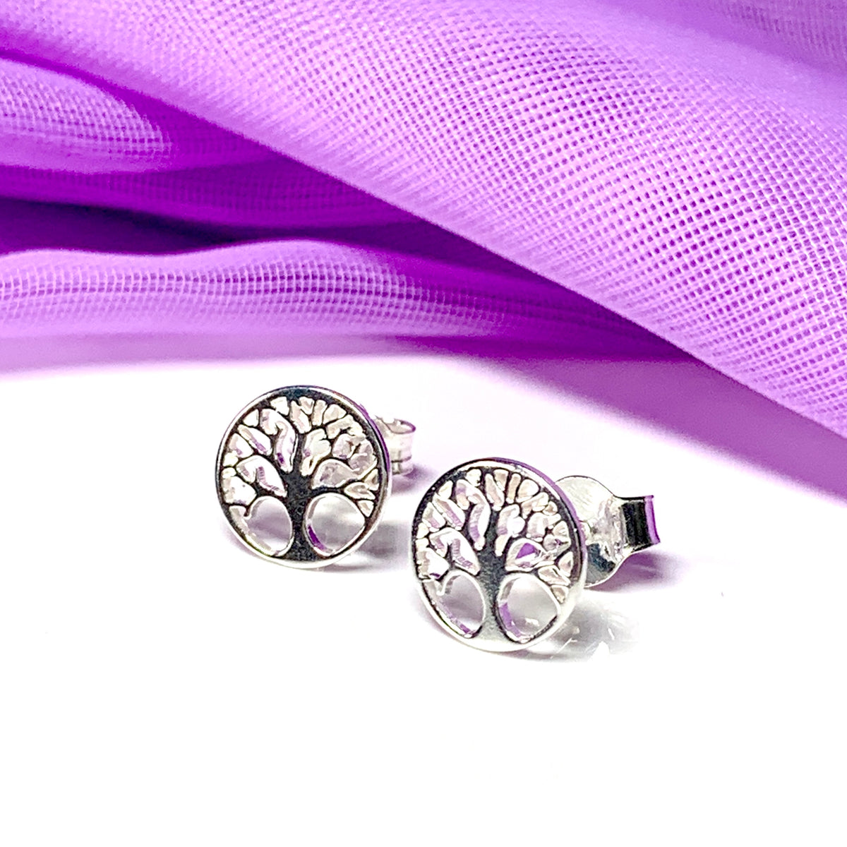 Sterling silver Tree of Life round stud earrings