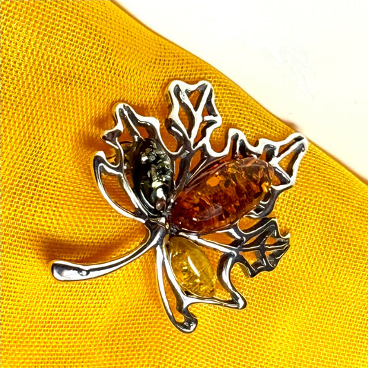 Sterling silver amber maple leaf shaped brooch