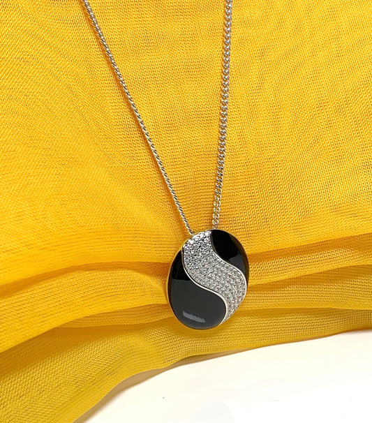 Sterling silver black real enamel oval shaped necklace pendant with cubic zirconia