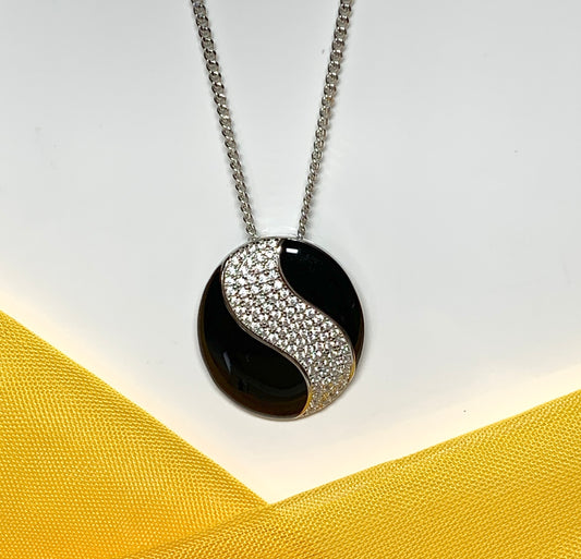 Sterling silver black real enamel oval shaped necklace pendant with cubic zirconia