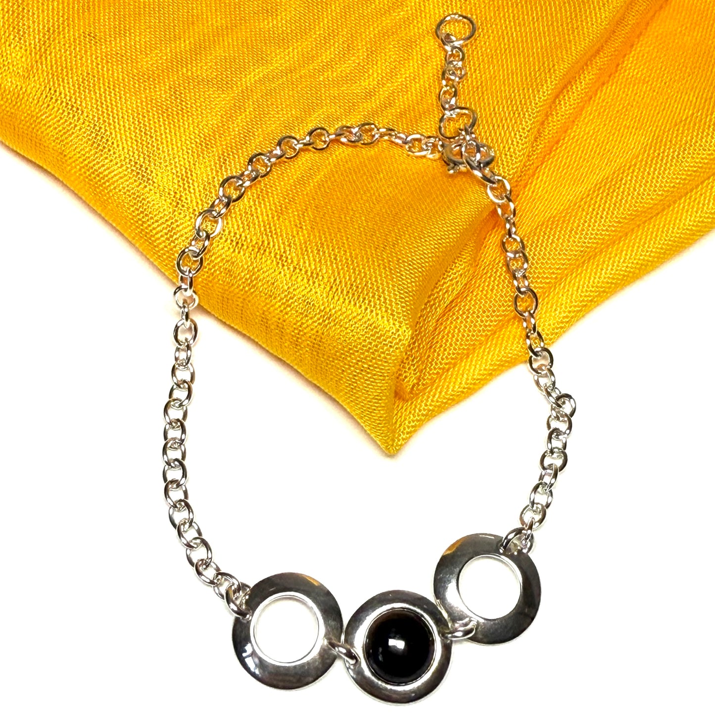Sterling silver black real jet round triple circle bracelet