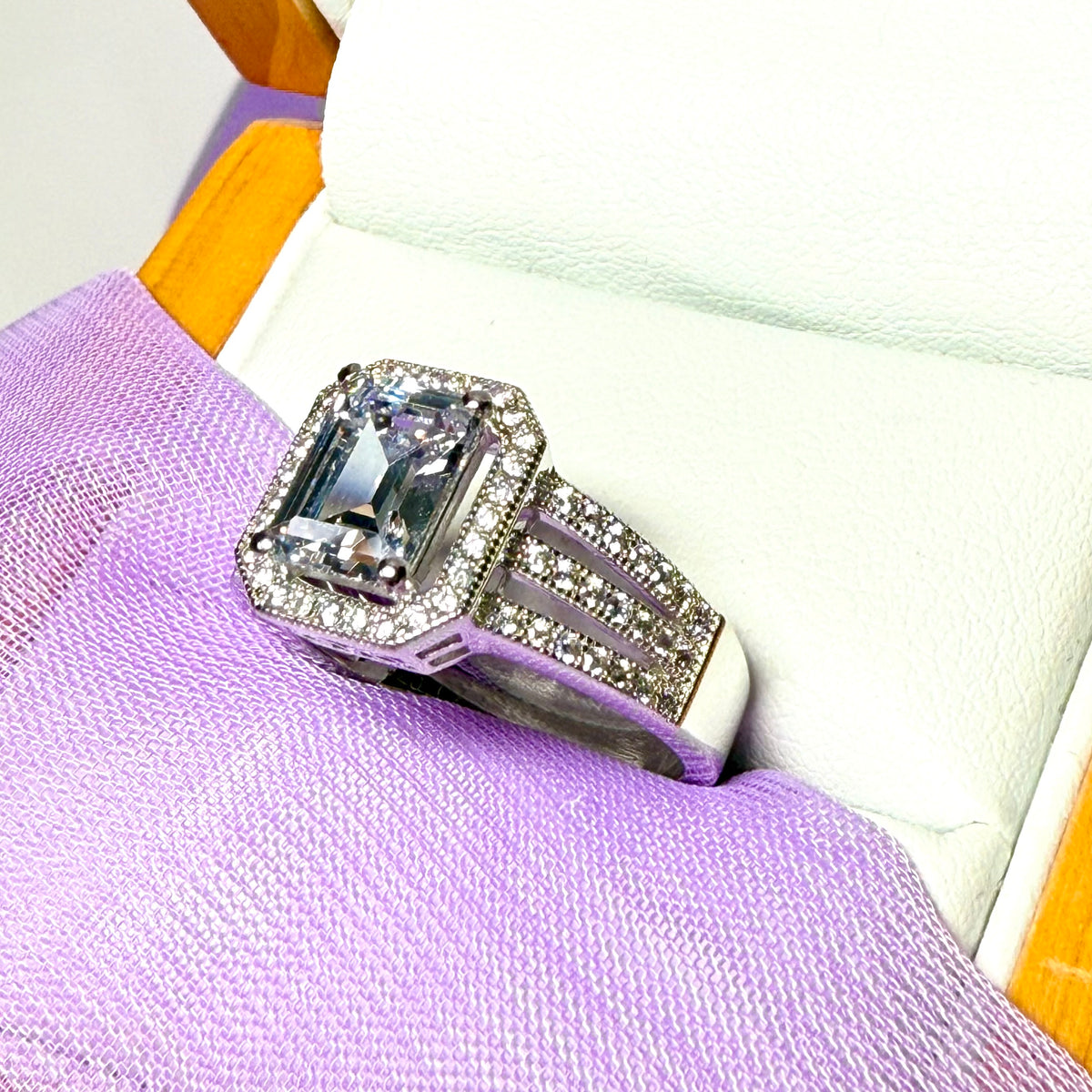 Cubic zirconia sterling silver emerald cut fancy dress ring