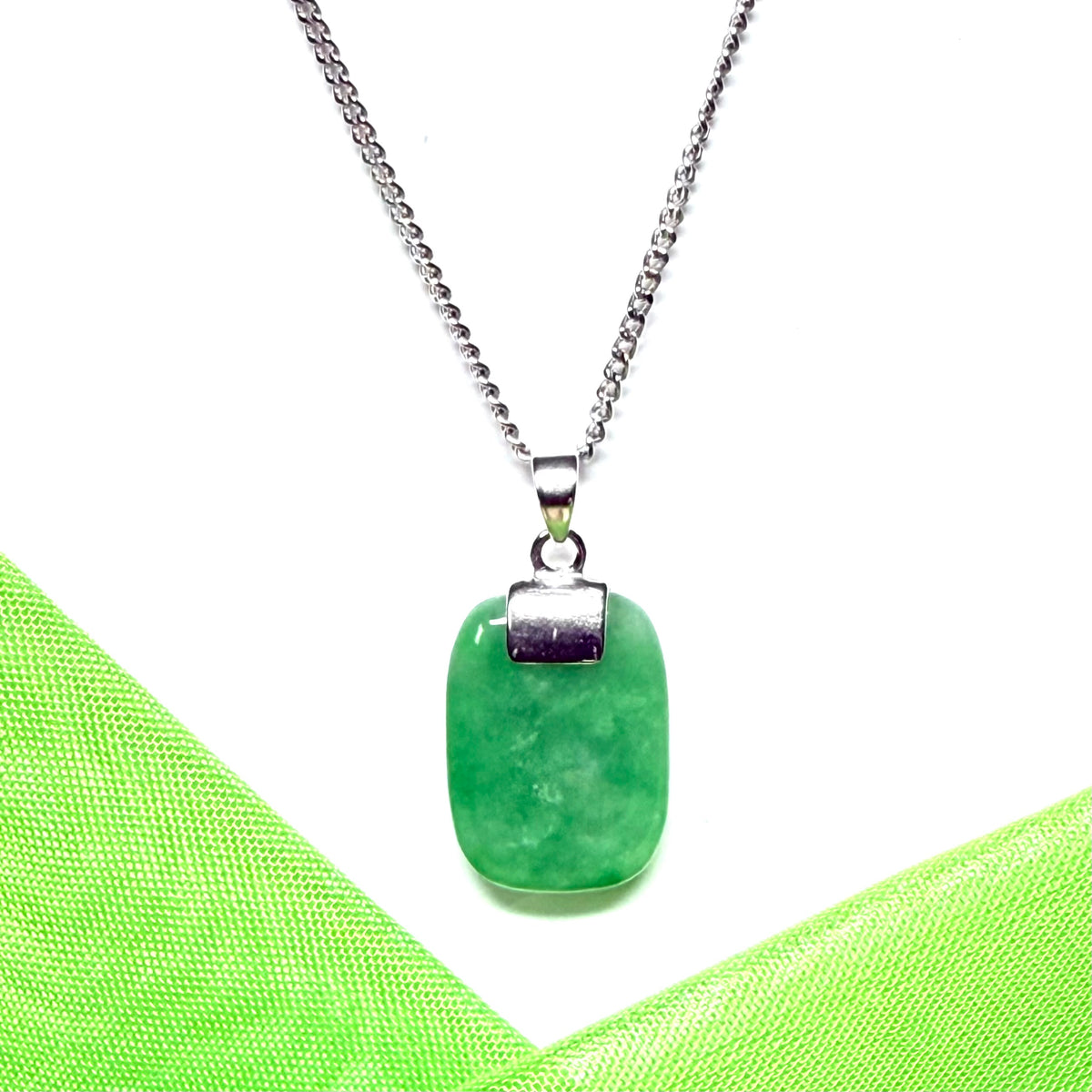 Sterling silver cushion shape real green jade necklace pendant with a chain