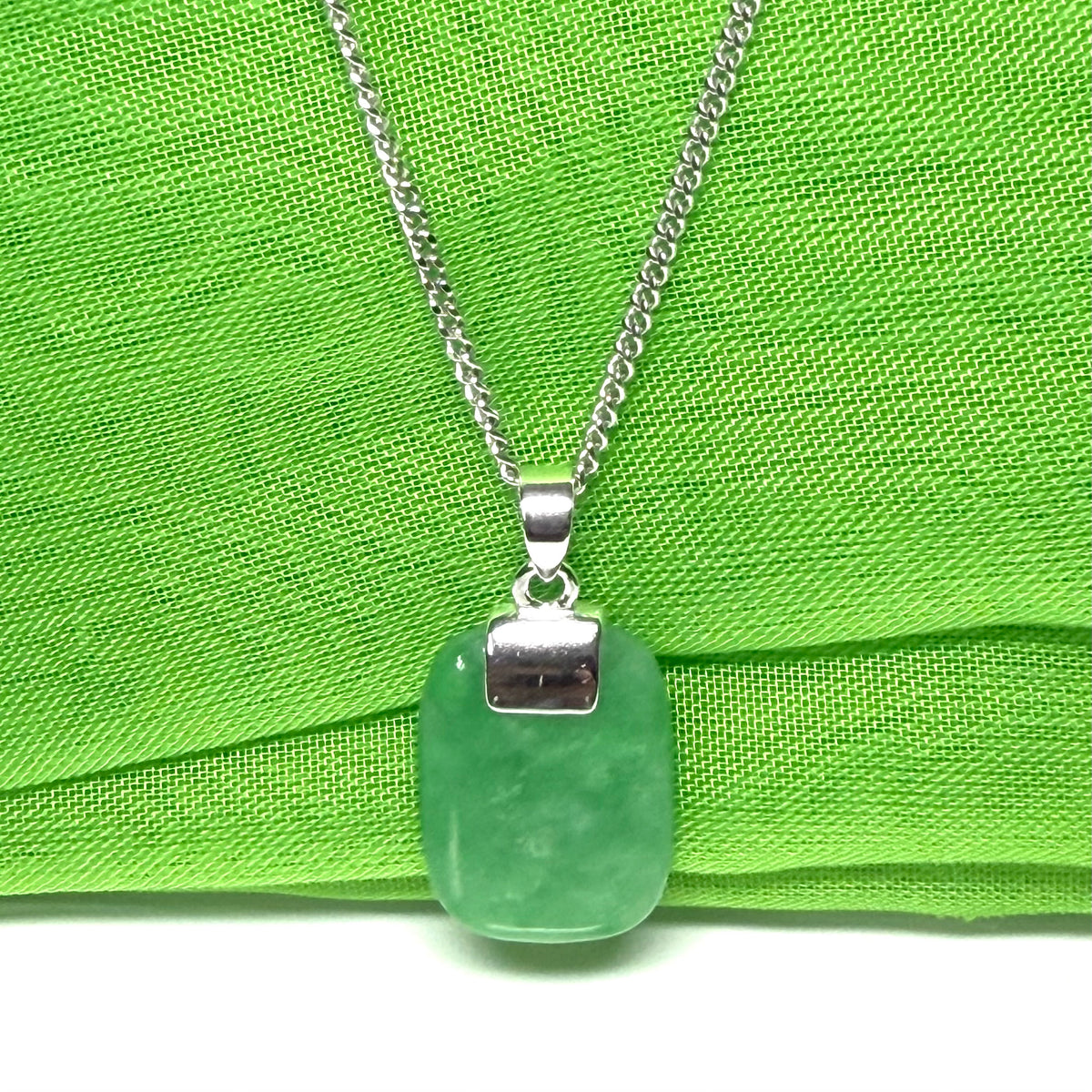Sterling silver cushion shape real green jade necklace pendant with a chain