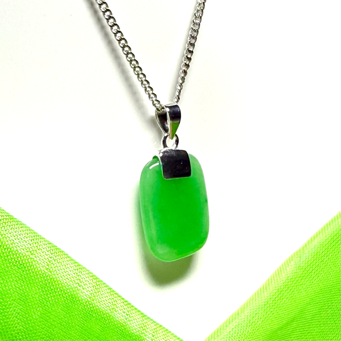 Sterling silver cushion shaped real green jade necklace pendant with a chain included