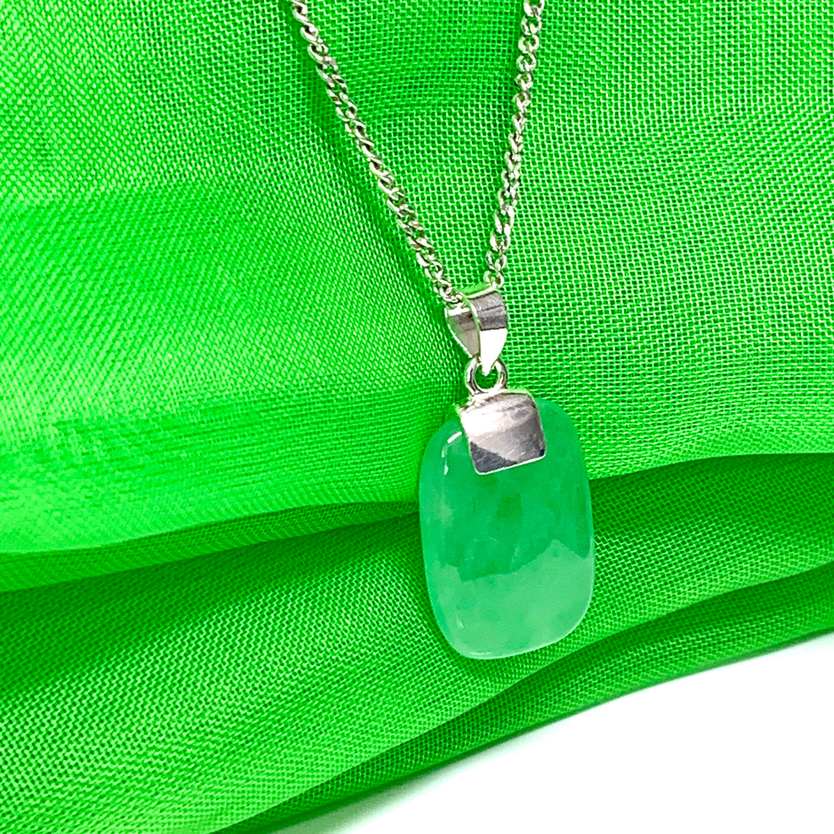 Sterling silver cushion shaped real green jade necklace pendant with chain included