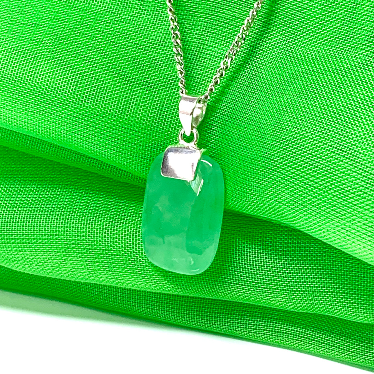 Sterling silver cushion shaped real green jade necklace pendant with chain included