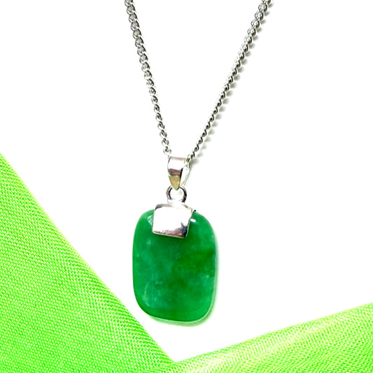 Sterling silver cushion shaped real green jade necklace pendant with a solid silver curb chain included