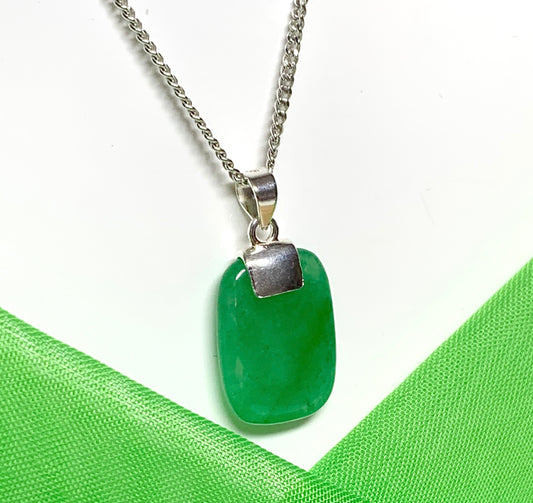 Sterling silver cushion shaped real green jade necklace pendant with a chain included