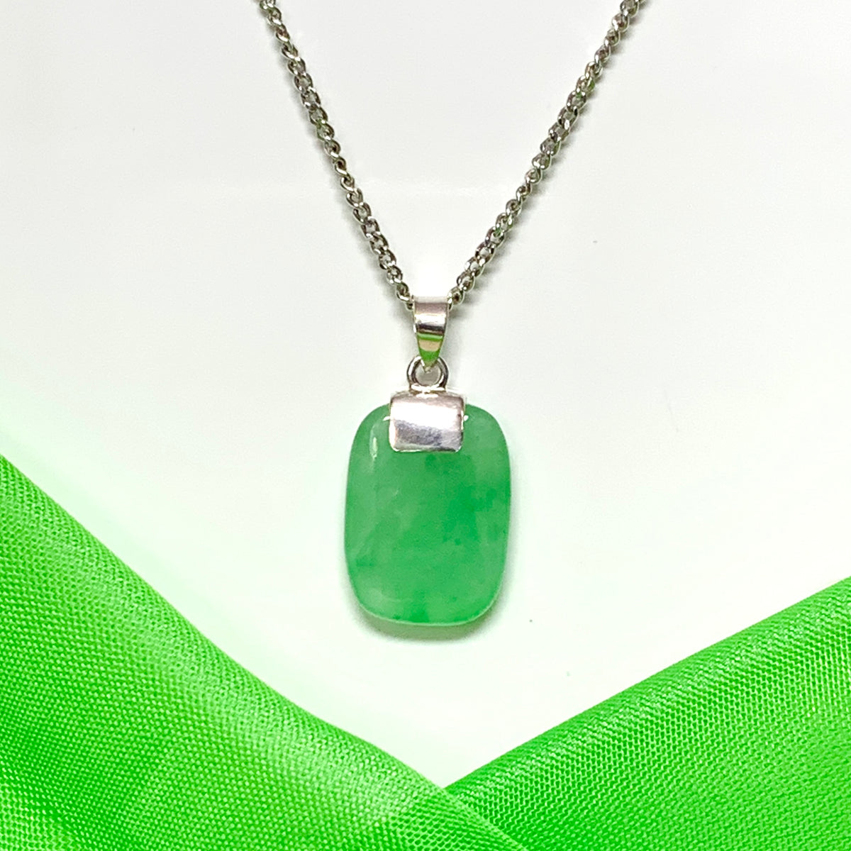 Sterling silver cushion shaped real green jade necklace pendant with chain included