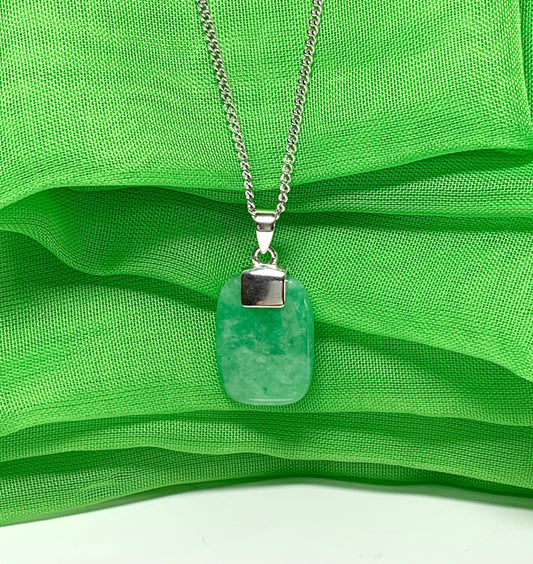 Sterling silver cushion shaped real green jade necklace pendant with chain