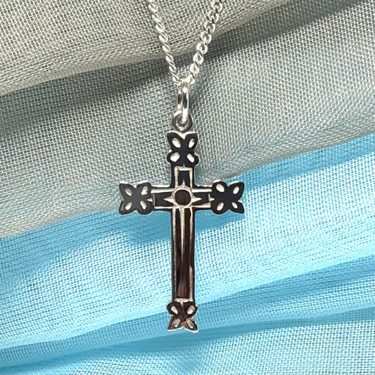 Sterling silver fancy solid patterned cross and chain
