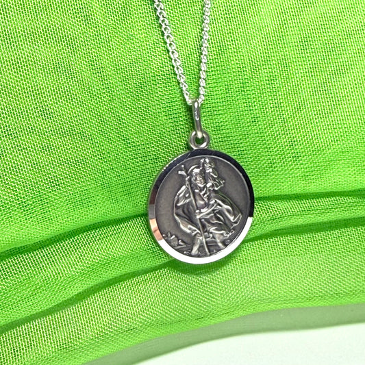 18 mm Sterling silver large round St. Christopher including chain