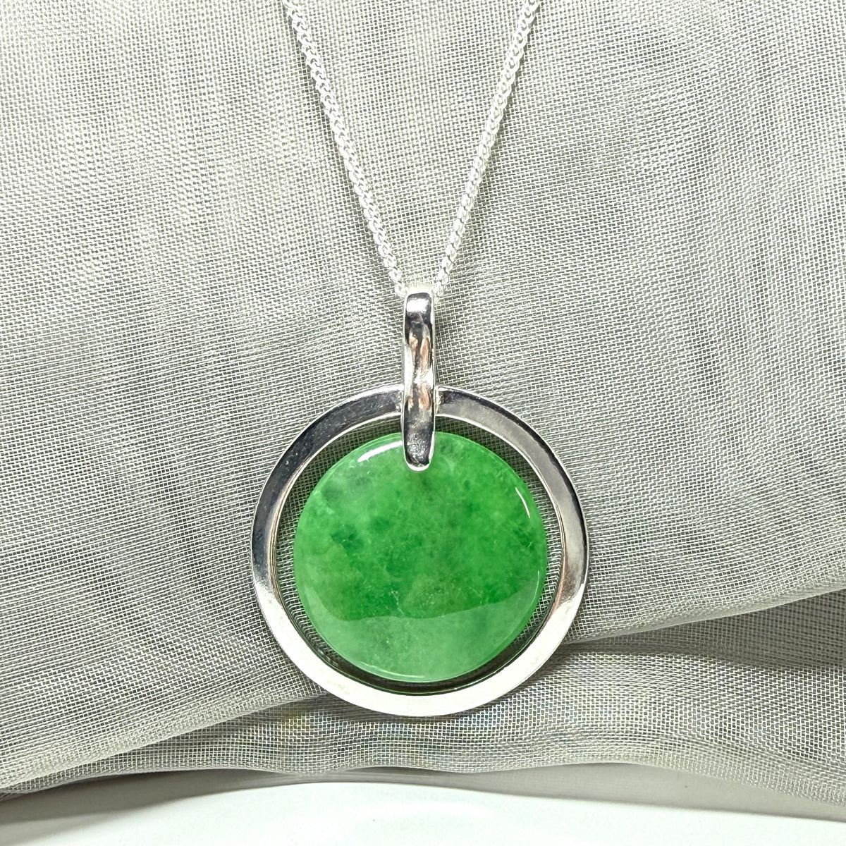 Sterling silver large round shape green real jade necklace pendant with a chain