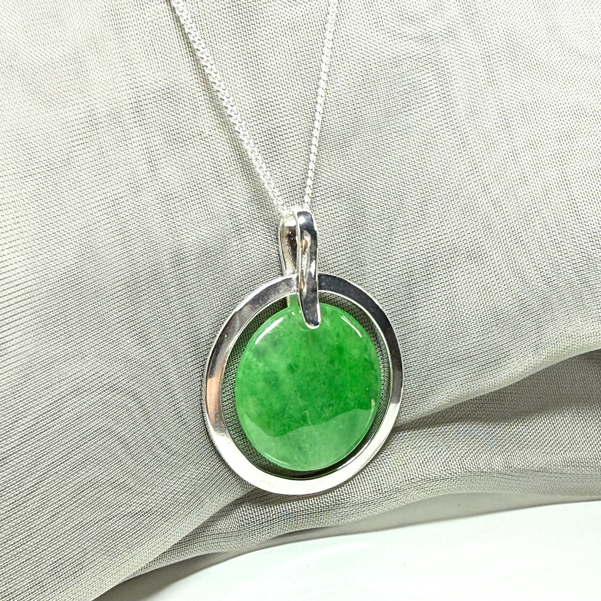 Sterling silver large round shape green real jade necklace pendant with a chain